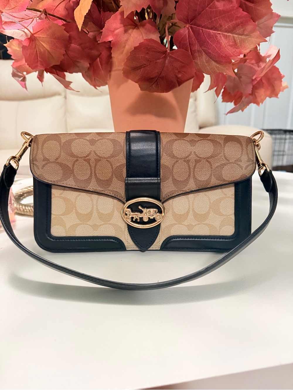 Coach Tan Signature Canvas Shoulder Bag with Black Trim